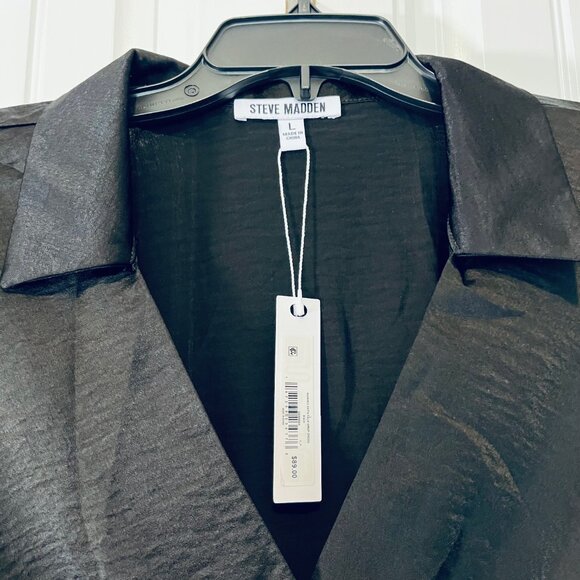 Steve Madden Washed Satin Faux Wrap Dress in black (L) New with Tag - Picture 8 of 13